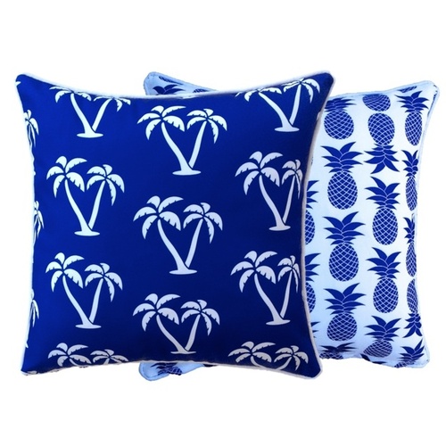 Outdoor Cushion Reversible 60x60cm - Palm Trees & Pineapples (Mykonos Blue)
