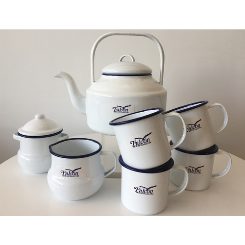 Falcon Enamel 2L Kettle, Sugar Pot & Creamer Set with 4 x 350ml Mugs